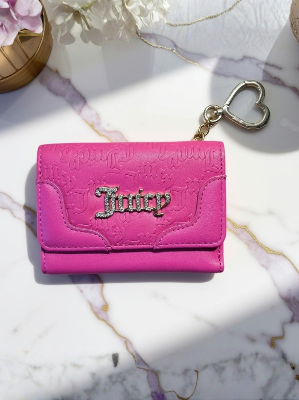 Juicy Couture Hot Pink Embossed Logo Compact Wallet with Heart Key Charm